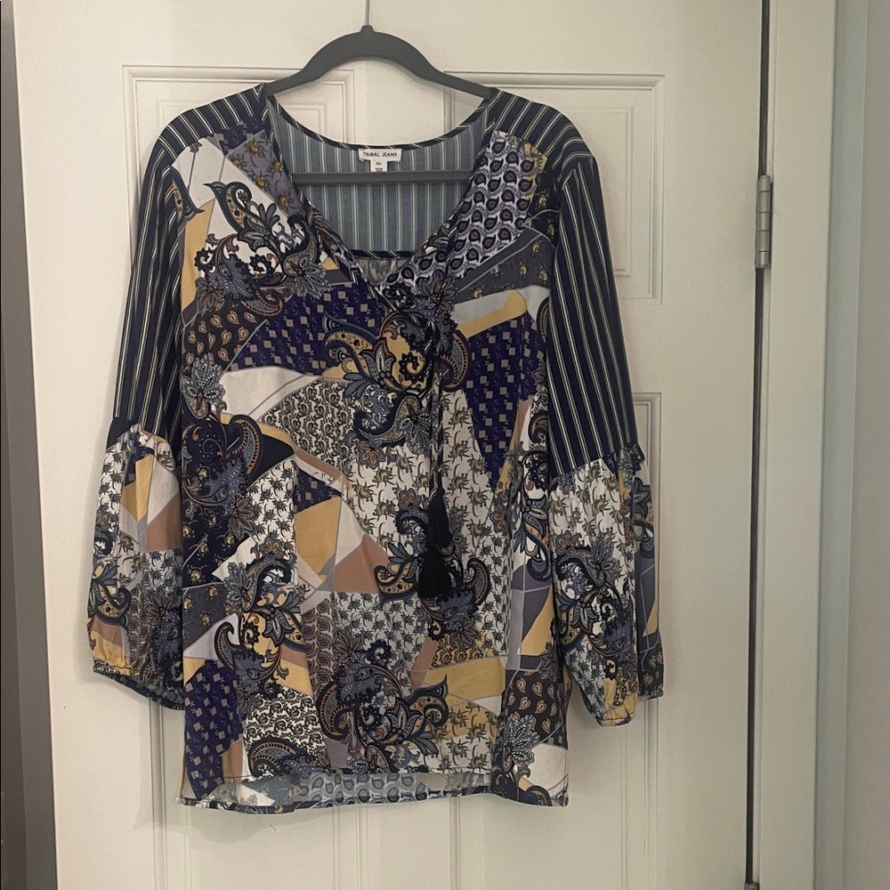 Tribal Women's Blue and Gold Patterned Blouse